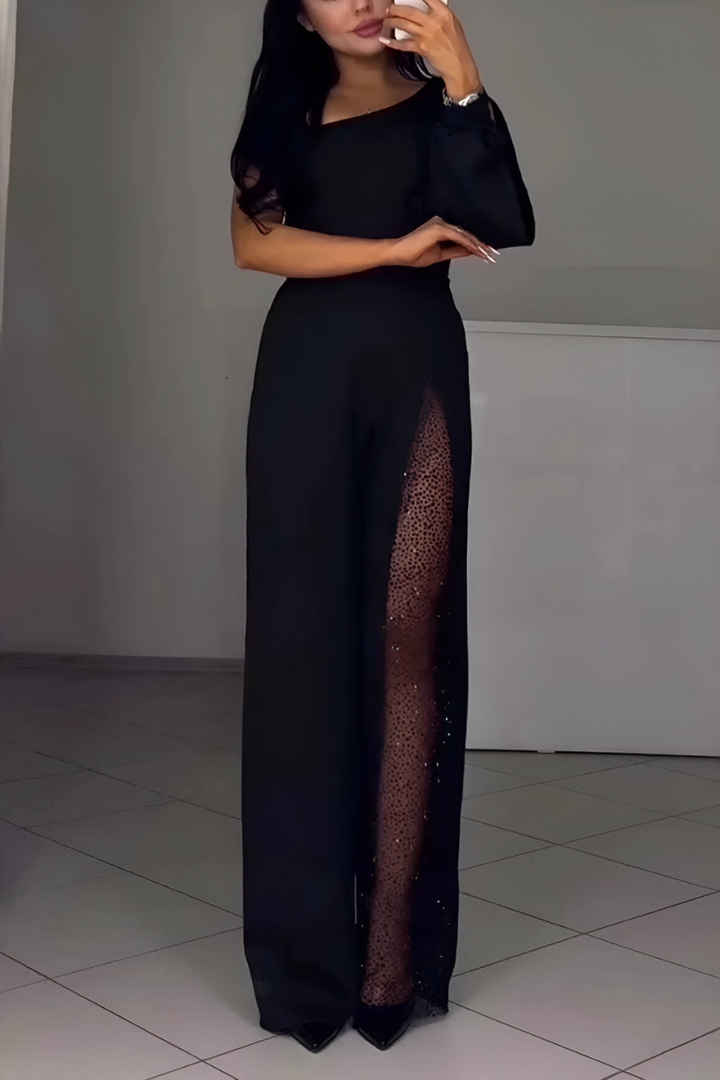 NANCY | ELEGANT ONE-SHOULDER JUMPSUIT WITH GLITTER DETAIL