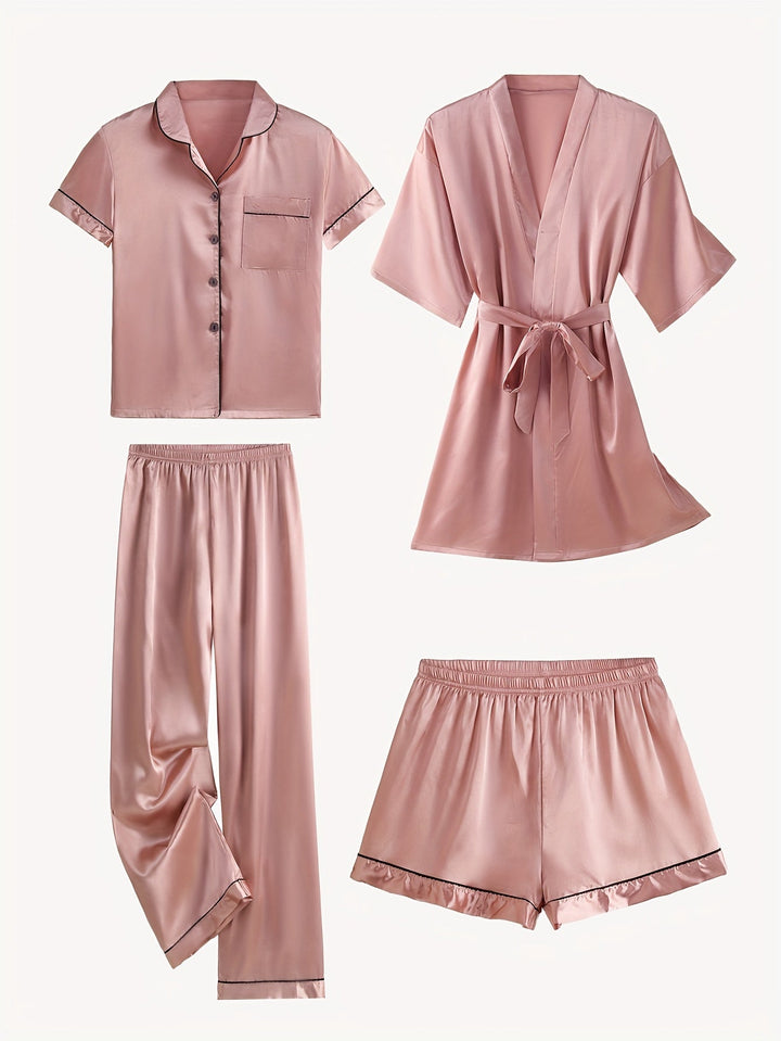JULIETTE | 4-PIECE SOLID SATIN PAJAMA MID-SLEEVE ROBE SET