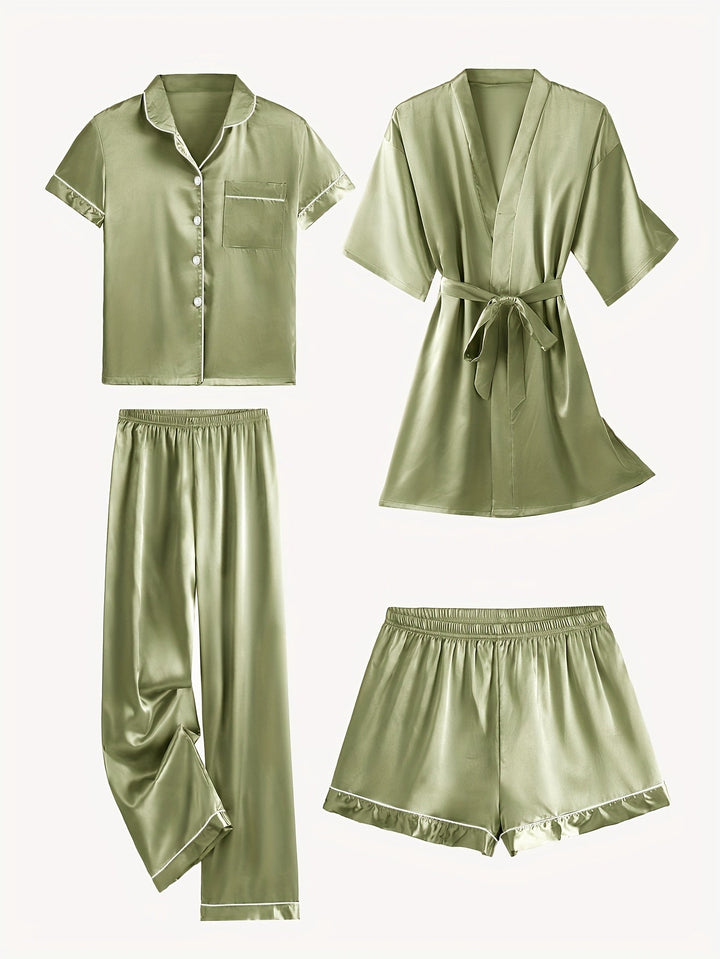 JULIETTE | 4-PIECE SOLID SATIN PAJAMA MID-SLEEVE ROBE SET